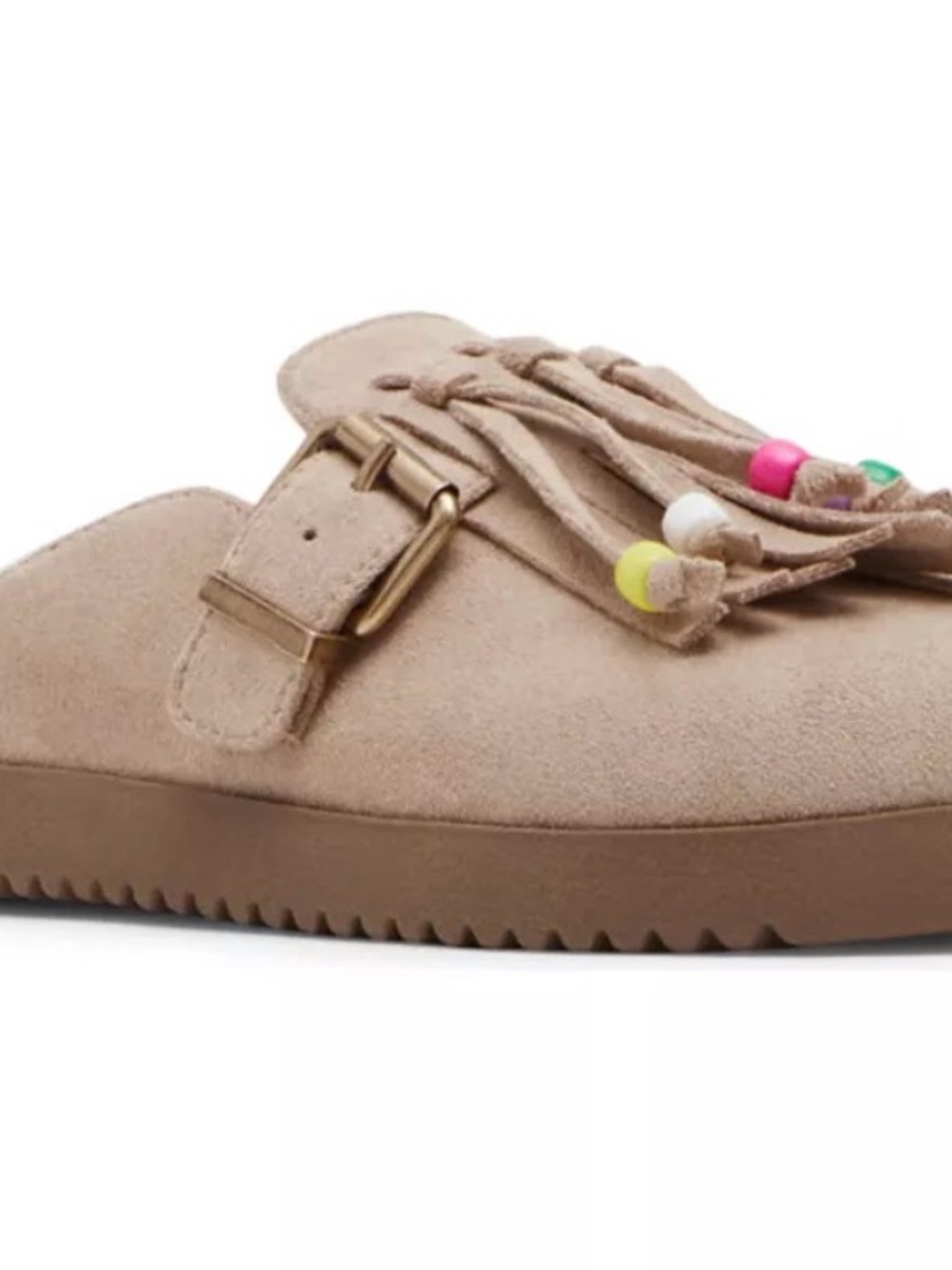 Steve Madden Girls Beige Suede Tassel Slip-On Shoes with Colorful Beads